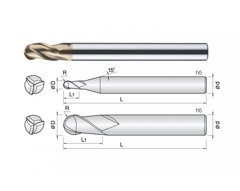 3HCB - 3 Flutes High Speed Standard Length Ball End Mills